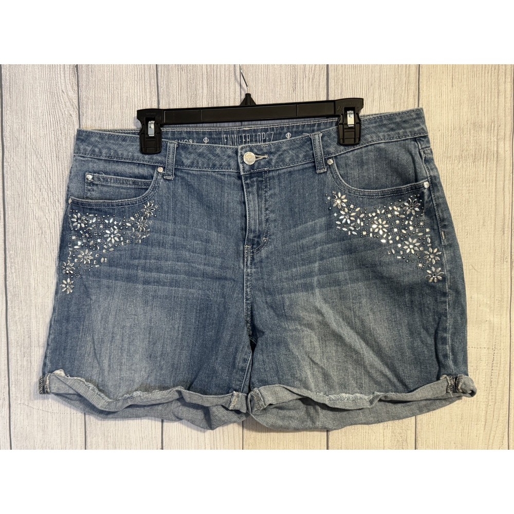 Jennifer Lopez Denim Boyfriend Jean Shorts  Rhinestone Accents Size 8 - Picture 2 of 5